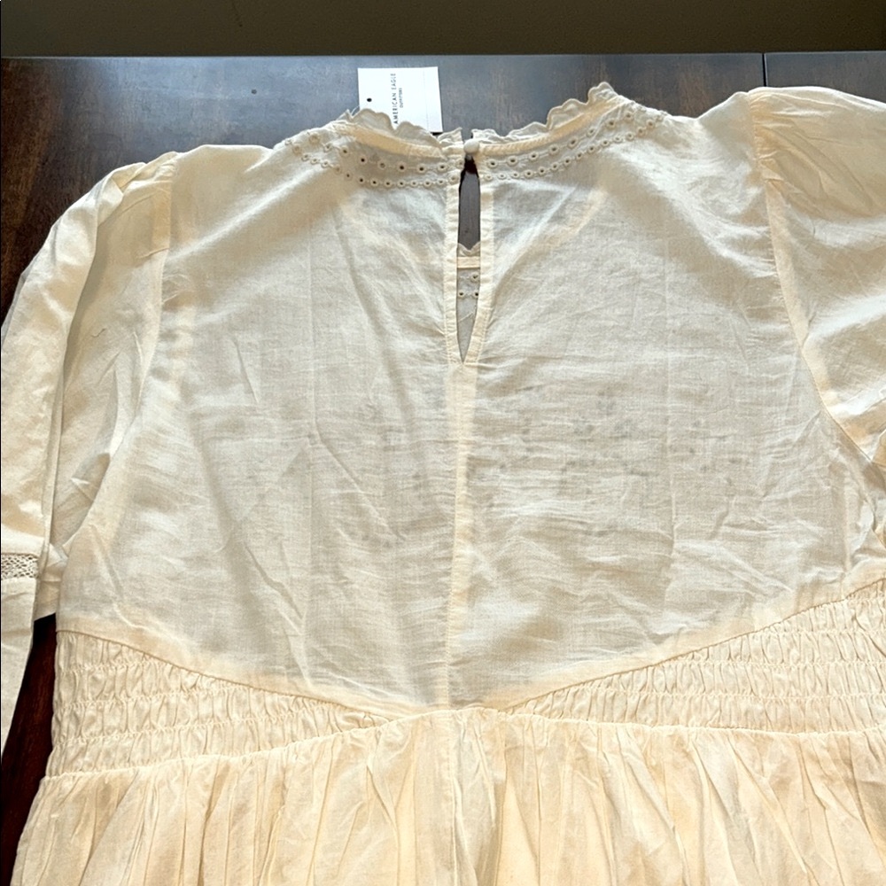 NWT- American Eagle Embroidered Puff Sleeve Cream Mini Dress - Picture 5 of 10